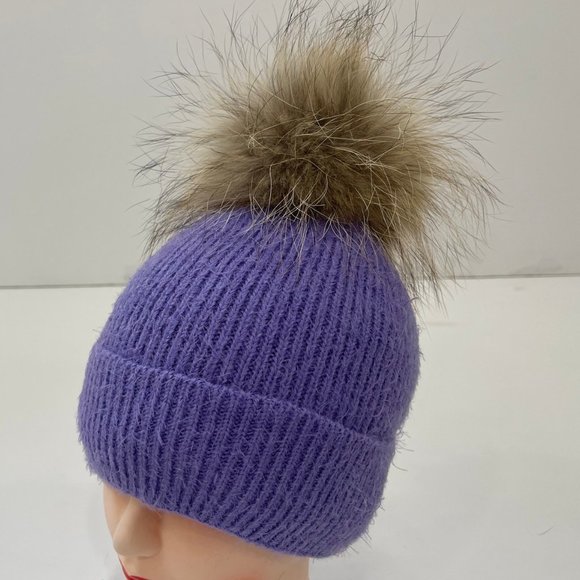 Knit Beanie Hat with Real Fox Fur Pom - Picture 1 of 2